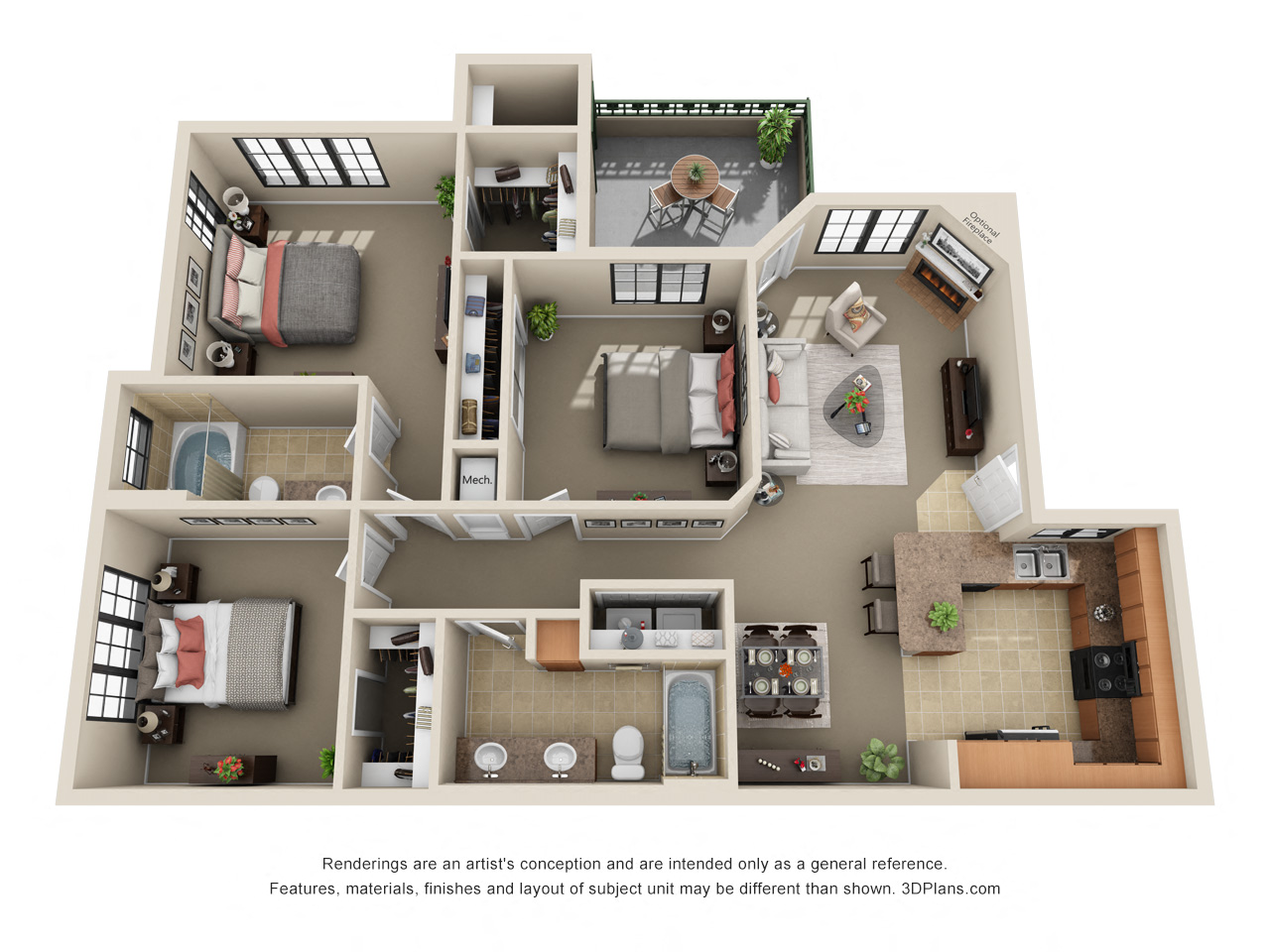 Floor plan for 3 beds, 2 baths, 1257 sqft